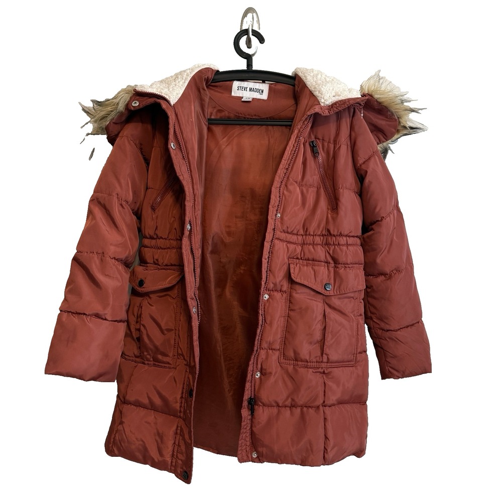Steve Madden Girls Quilted Puffer Coat Size Large 14-16 Removable Faux Fur Hood